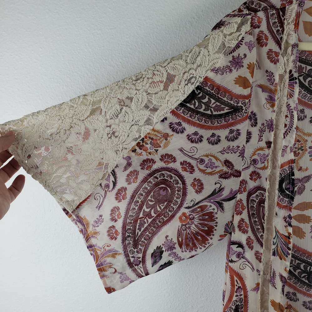 American Eagle Women's M Open Front Long Shawl Rust Gold Paisley Boho Lagenlook - Picture 2 of 8